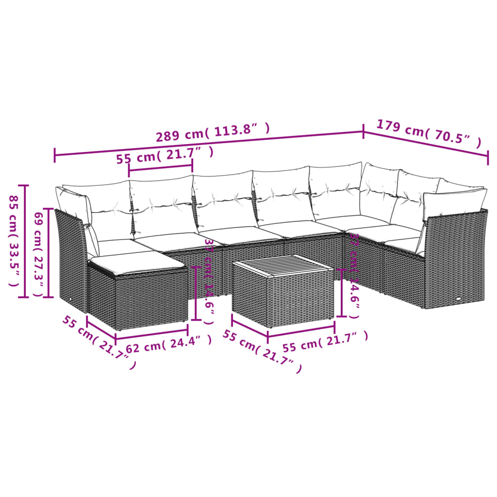 Set de muebles de jardín 9 pzas y cojines ratán sintético gris