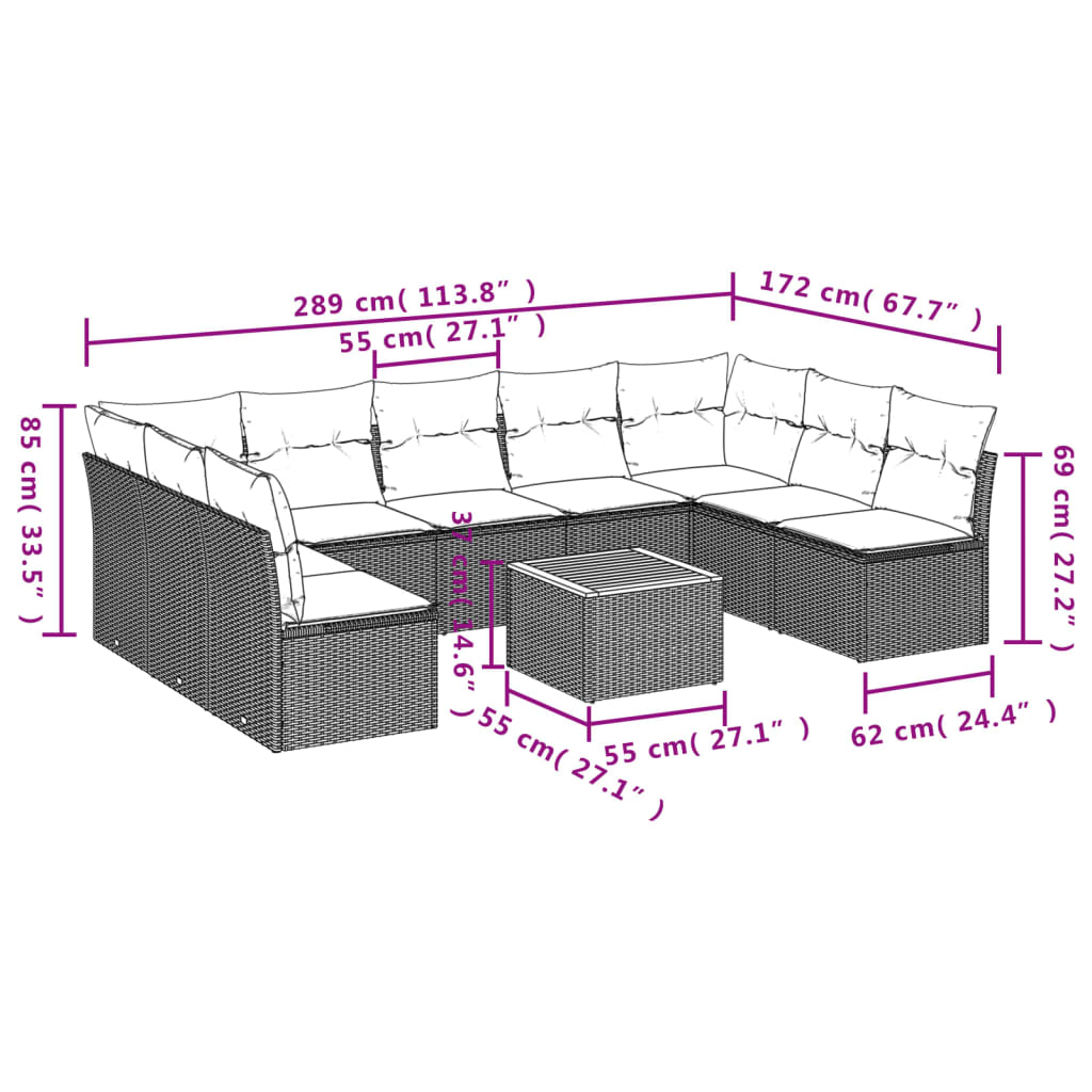 Conjunto de sofás de jardim 10 pcs almofadas de preto sintético