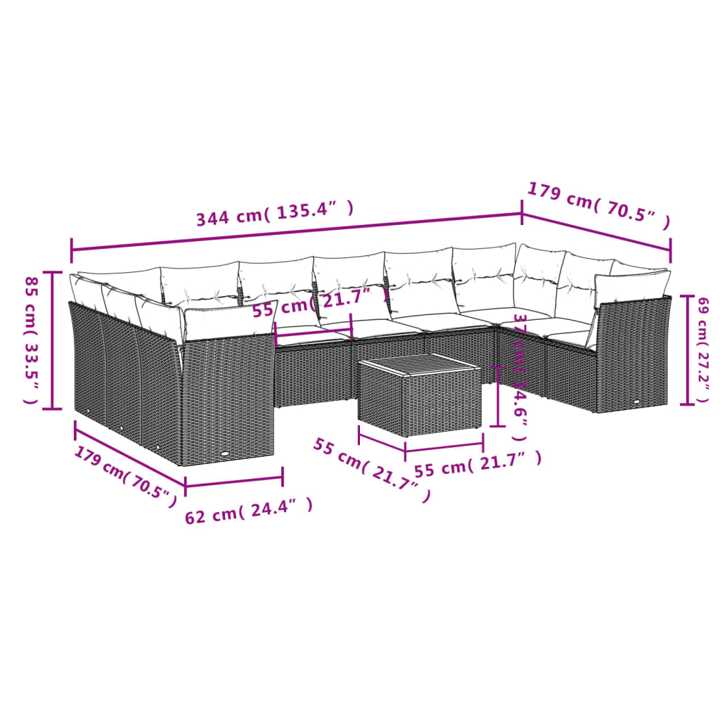 Gartensofas set 11 Stcs und graue synthetische Rattan -Kissen