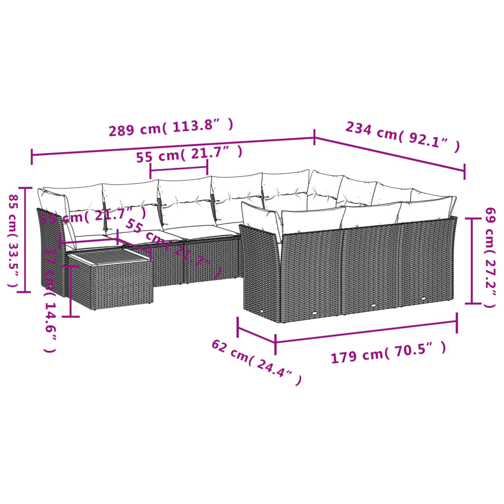 Set de sofás de jardín 11 pzas y cojines ratán sintético negro - Vetonek