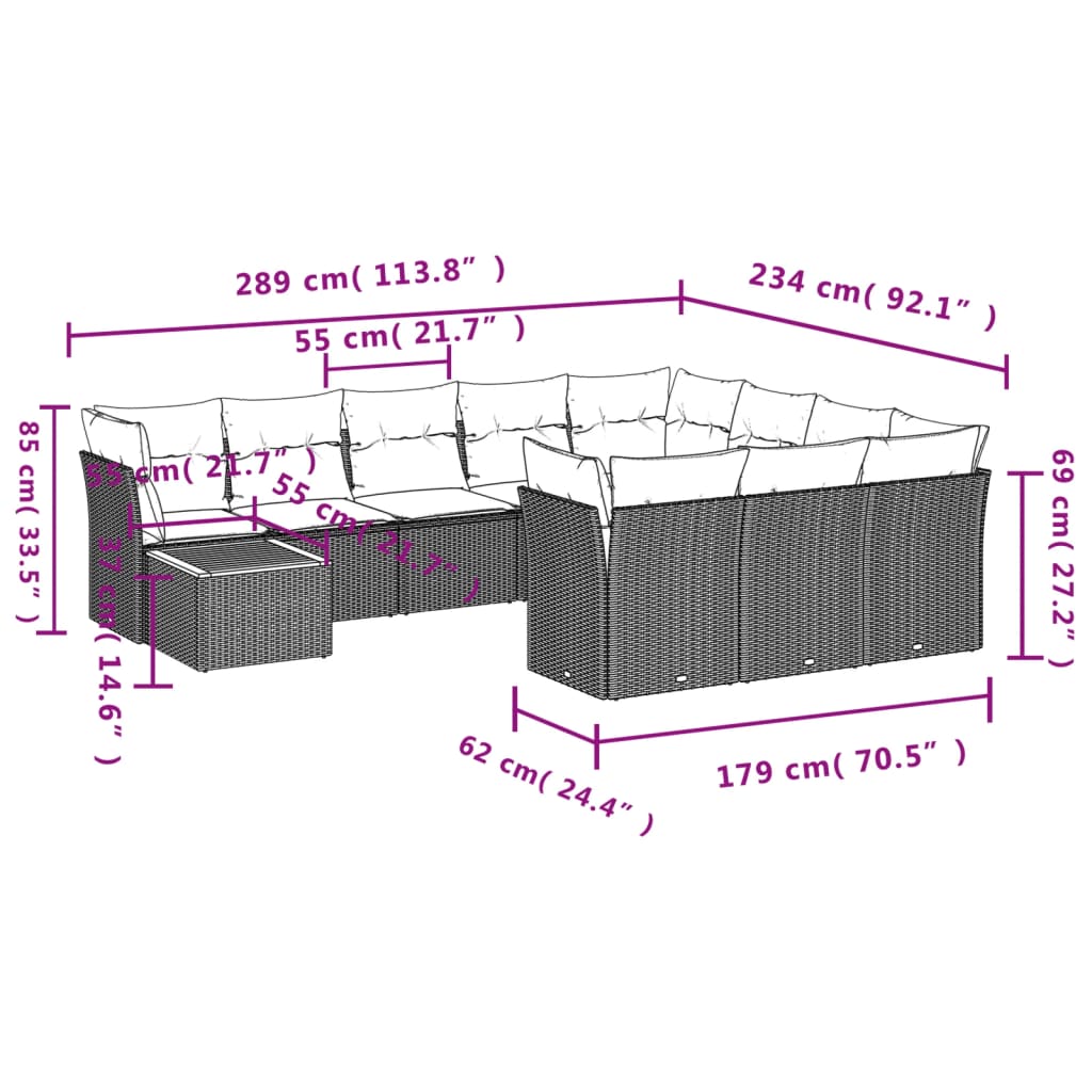 Set de sofás de jardín 11pzas con cojines ratán sintético beige - Vetonek