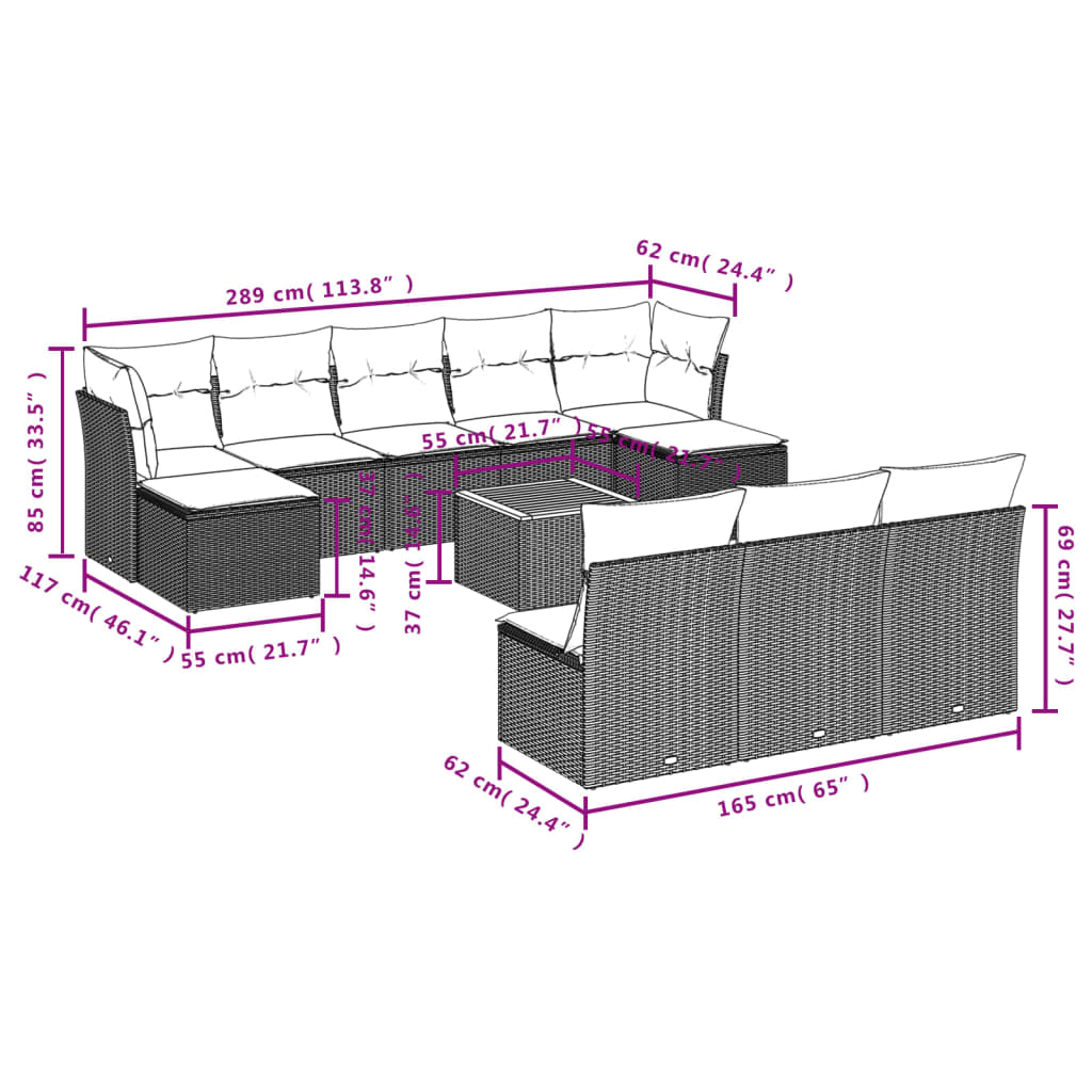 Set de sofás de jardín 11pzas con cojines ratán sintético beige vidaXL