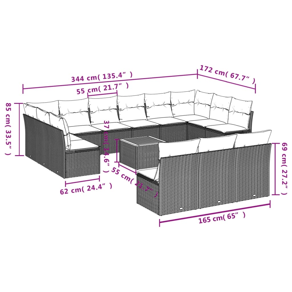 Garden sofas set 14 pcs with gray synthetic cushions