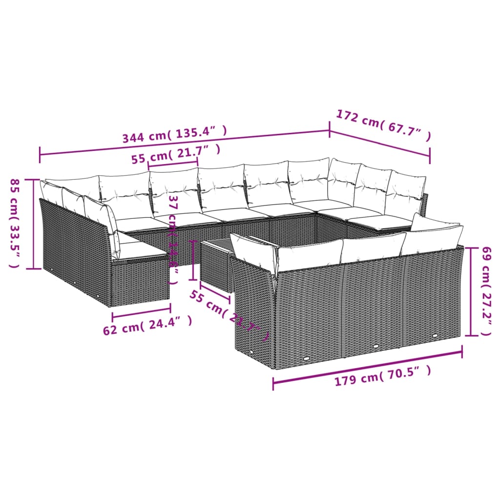 Garden Sofas Set 14 Pcs with Beige Synthetic Cushions