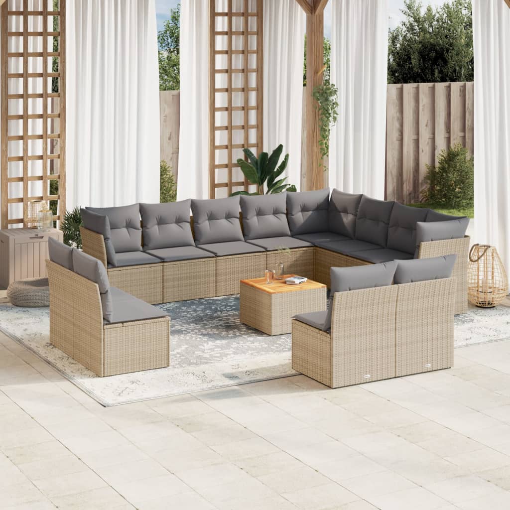 Set sofás de jardín con cojines 13 pzas ratán sintético beige