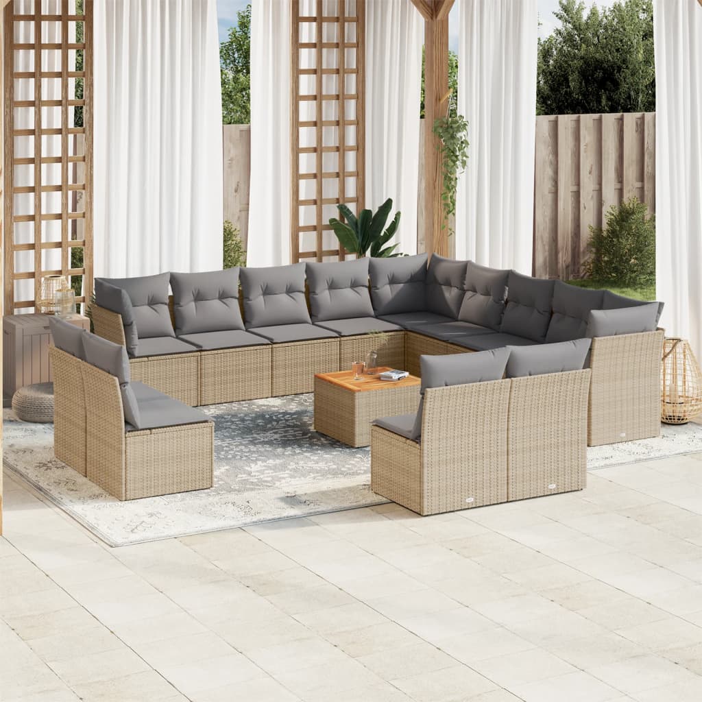 Vetonek Set sofás de jardín 14 pzas con cojines ratán sintético beige