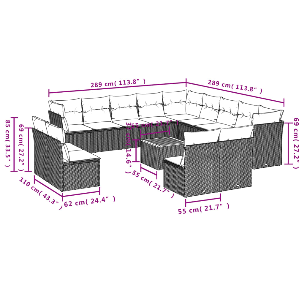 Garden Sofas-ek 14 pieza ezarri ditu kuxin sintetiko beigeekin