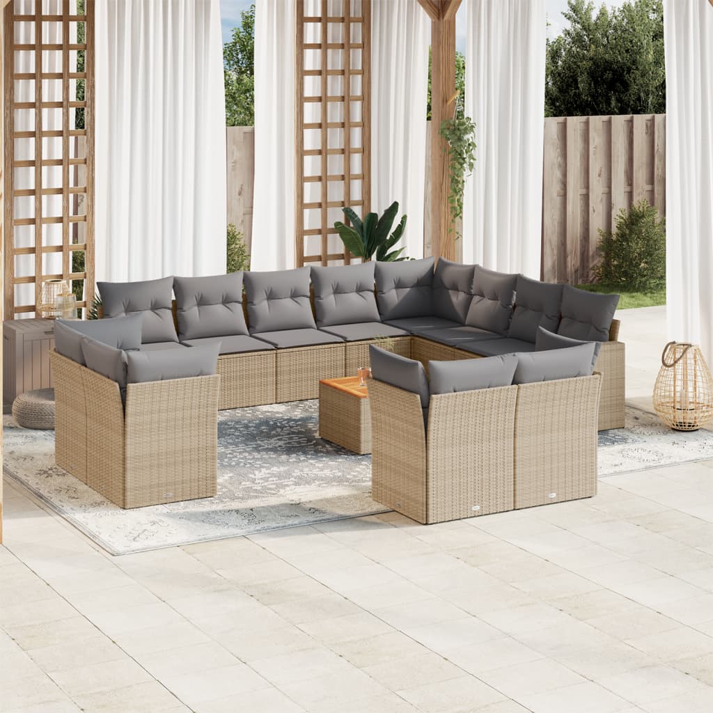 Set sofás de jardín con cojines 13 pzas ratán sintético beige