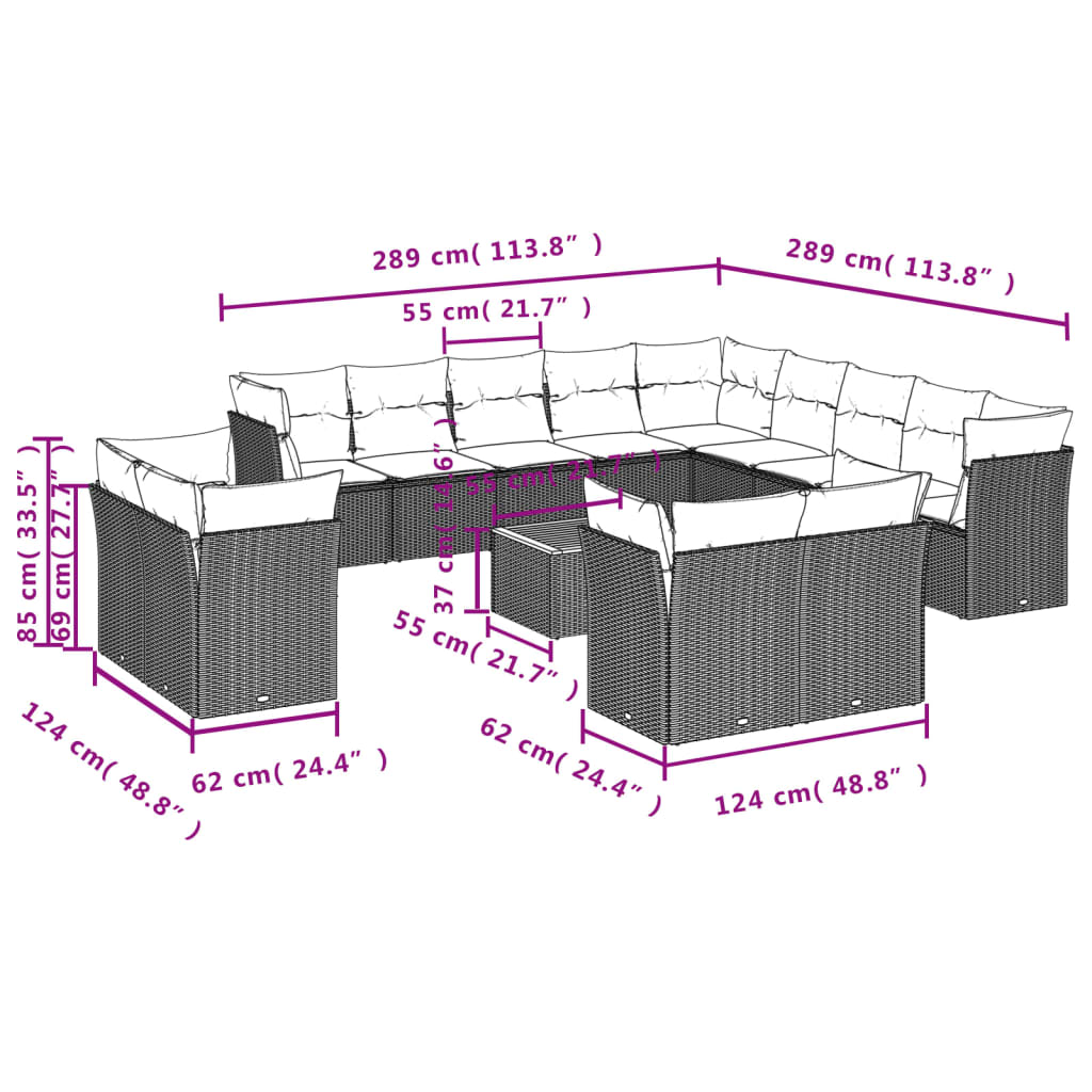 Set sofás de jardín 14 pzas con cojines ratán sintético beige - Vetonek