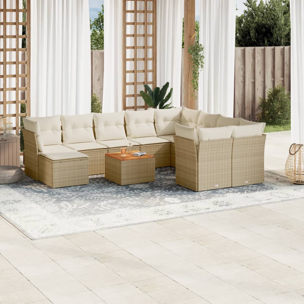 Set de sofás de jardín 11pzas con cojines ratán sintético beige