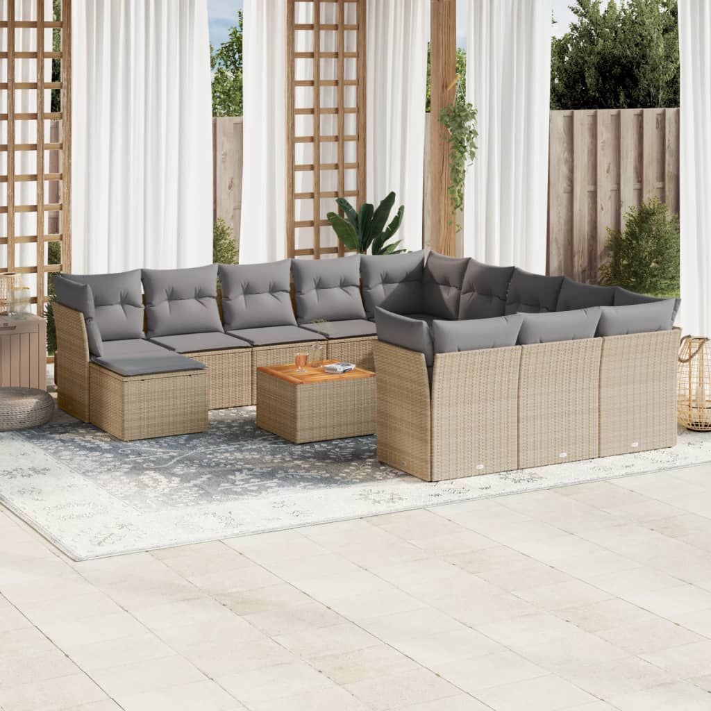 Set sofás de jardín con cojines 13 pzas ratán sintético beige