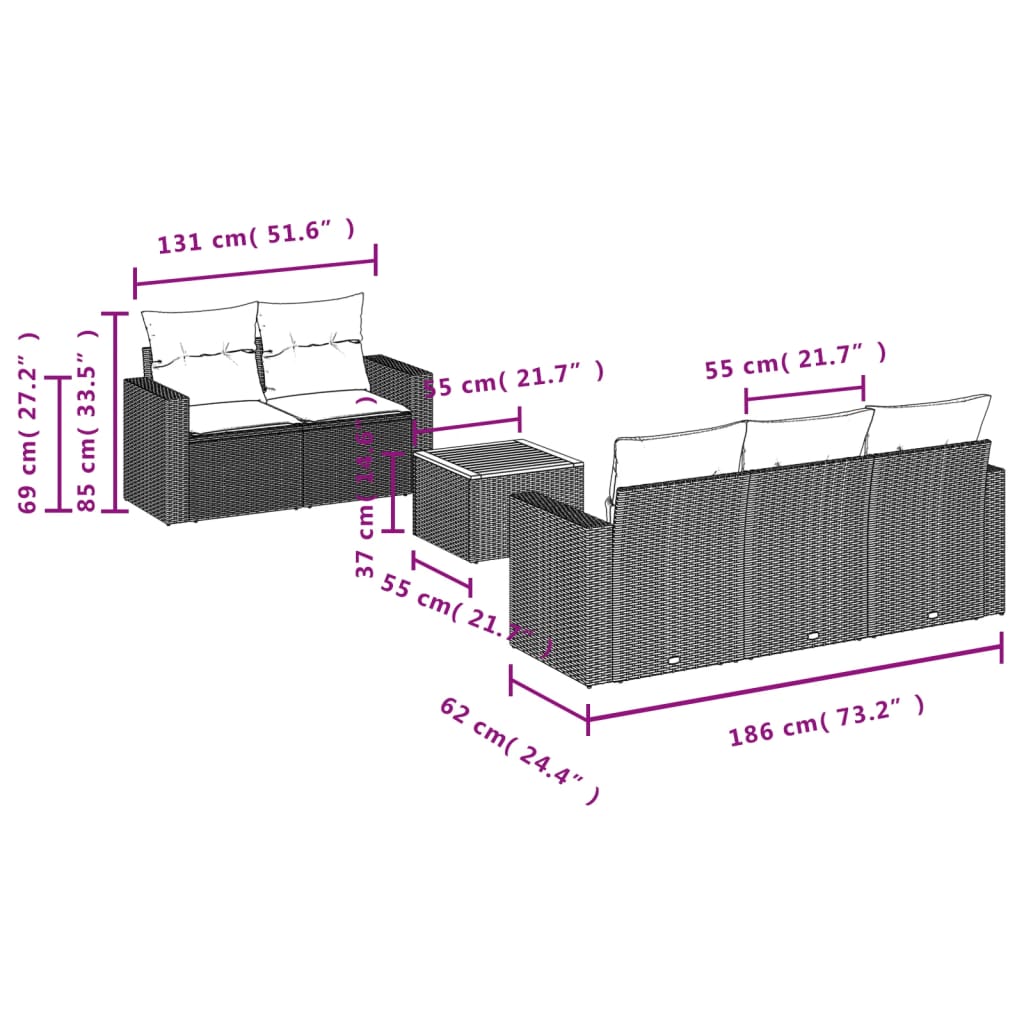 Garden Sofas Set 6 pieces and black synthetic rattan cushions