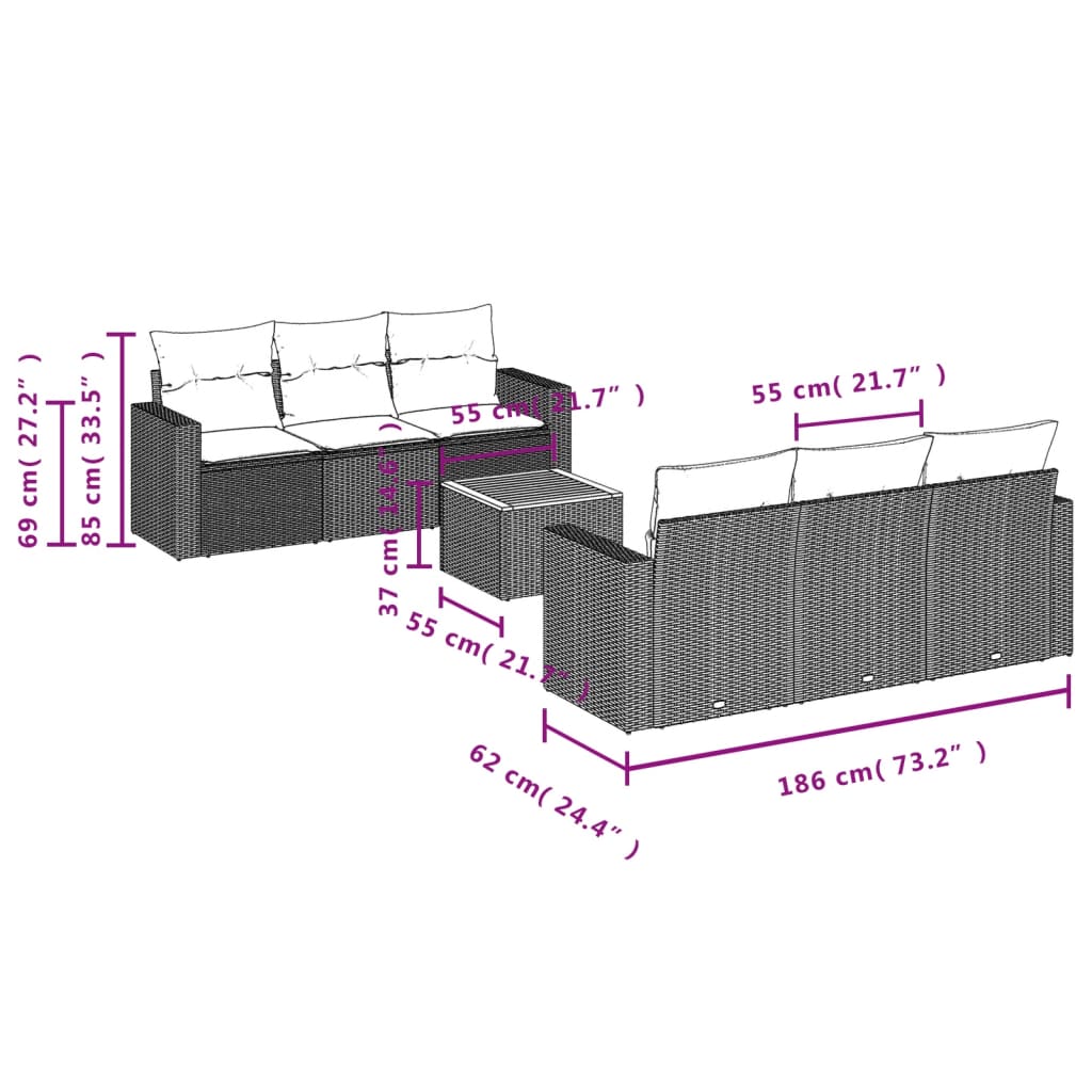 Conjunto de jantares de jardim 7 PCs e almofadas de vime sintético preto