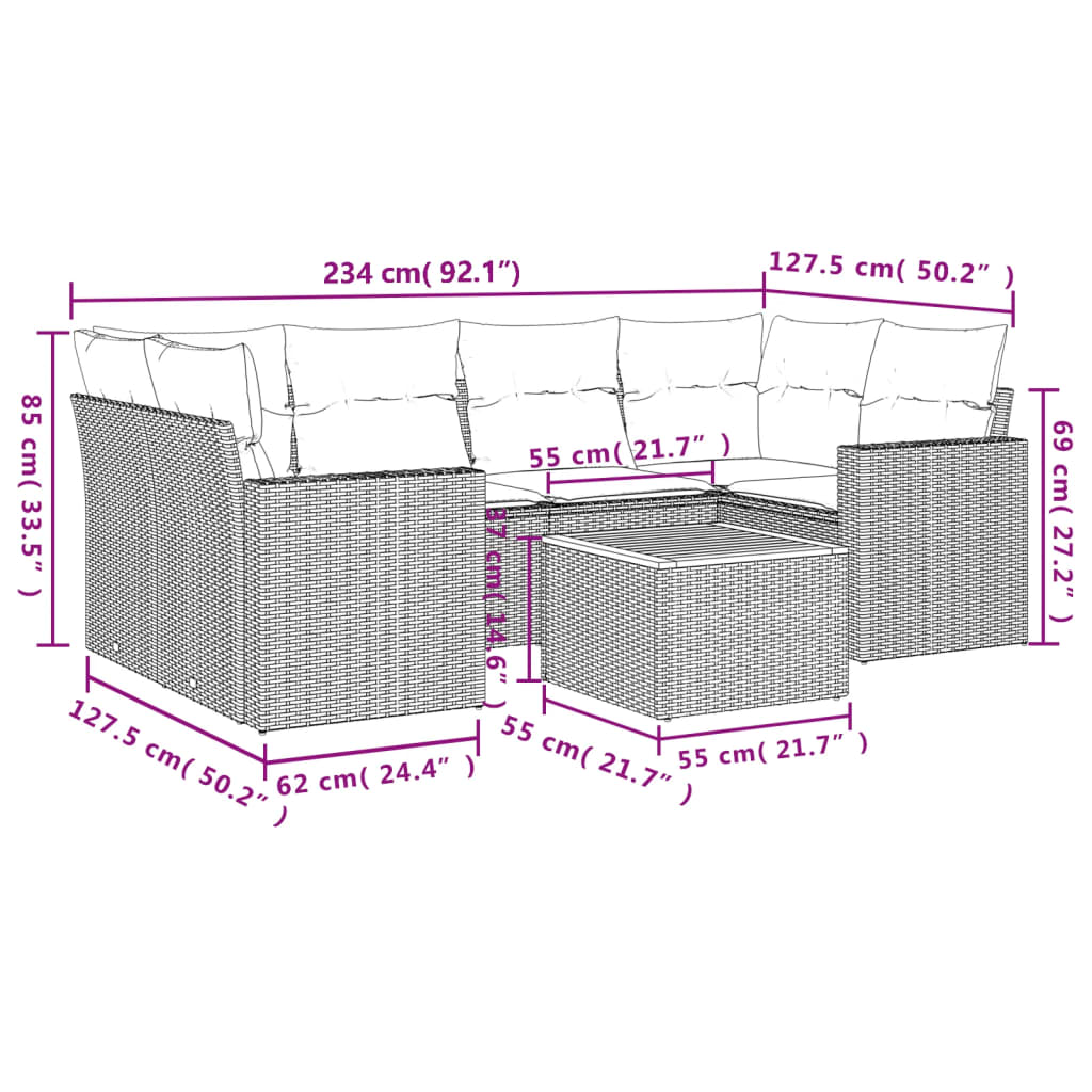 Conjunto de jantares de jardim 7 PCs e almofadas de vime sintético preto