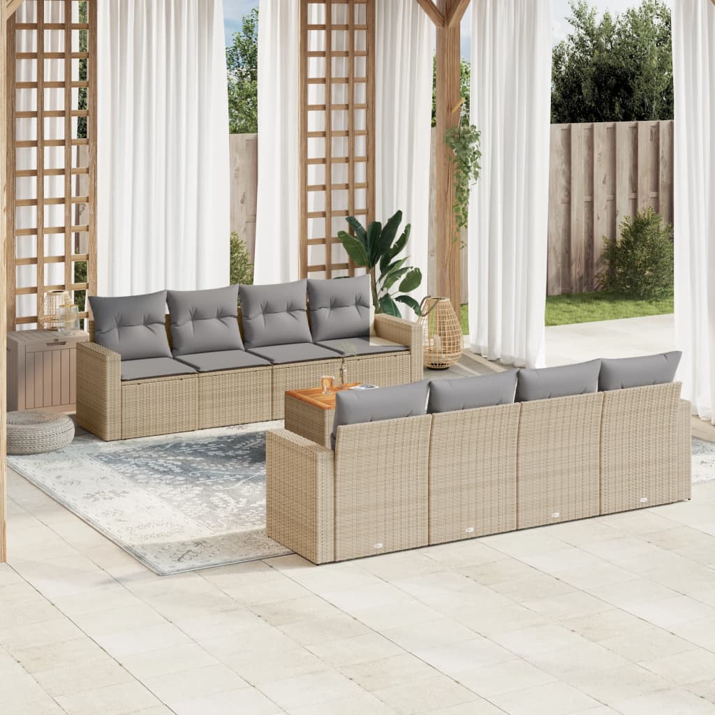 Vetonek Set de sofás de jardín 9 pzas con cojines ratán sintético beige