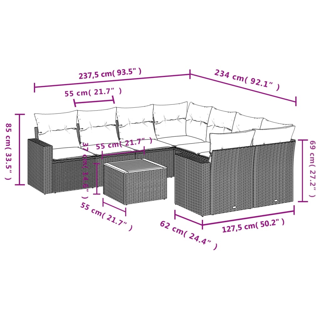 Set de sofás de jardín 8 piezas y cojines ratán sintético negro - Vetonek