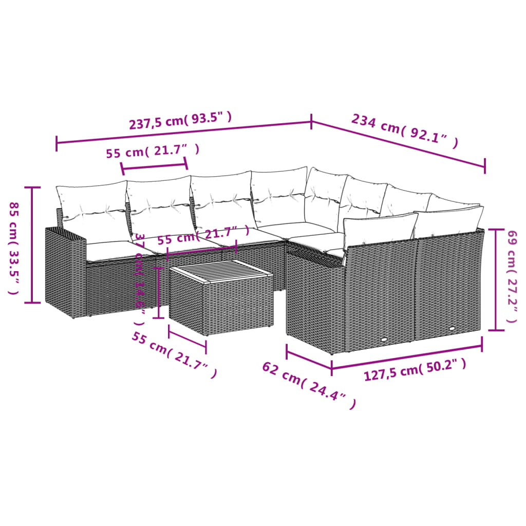 Set di mobili da giardino e cuscini rattan sintetici grigi