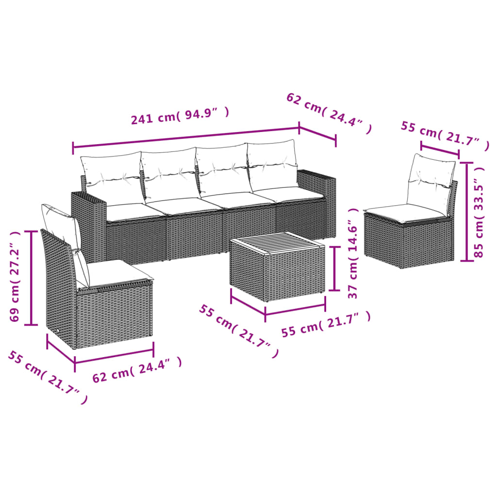 Set de comedor de jardín 7 pzas y cojines ratán sintético negro - Vetonek