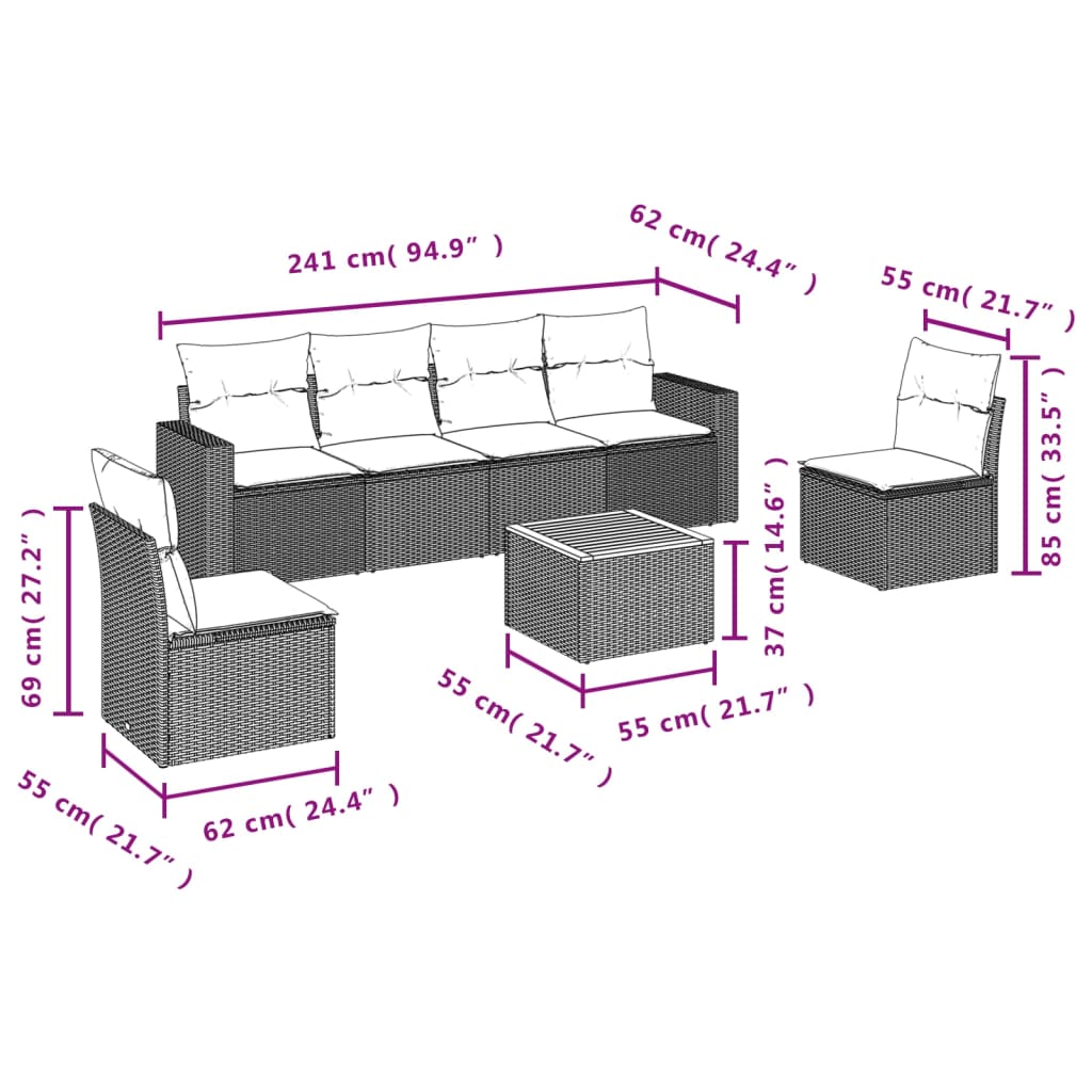 Set sofás de jardín 7 piezas y cojines ratán sintético beige - Vetonek