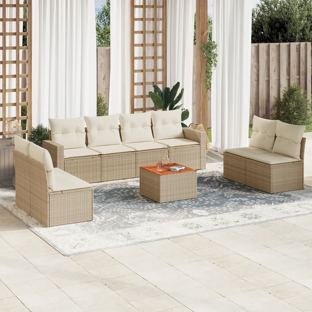 Vetonek Set de sofás de jardín 9 pzas con cojines ratán sintético beige