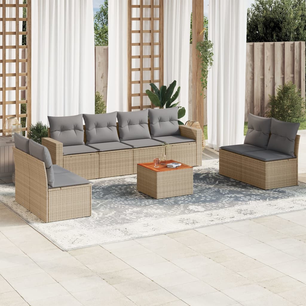 Vetonek Set de sofás de jardín 9 pzas con cojines ratán sintético beige