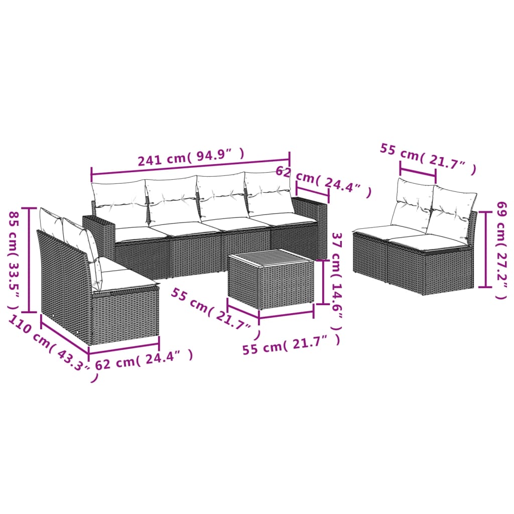 Les canapés de jardin réglent 9 pcs avec des coussins synthétiques beige