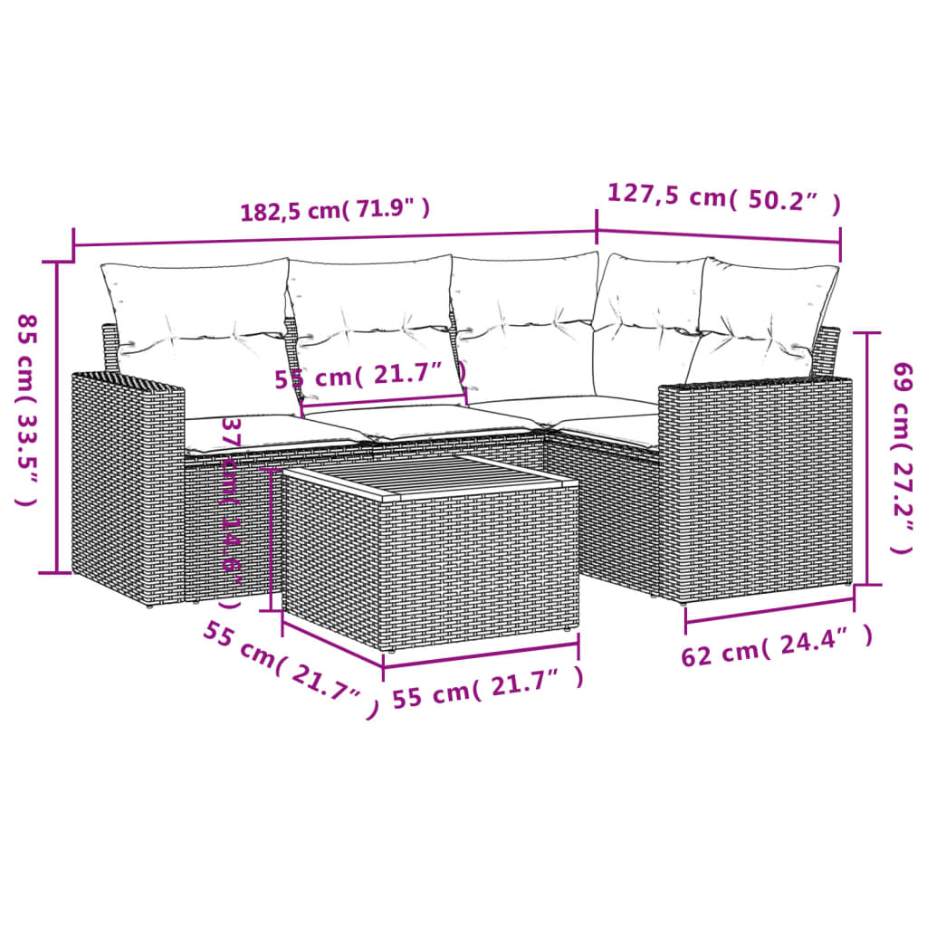 Set de muebles de jardín 5 pzas y cojines ratán sintético negro