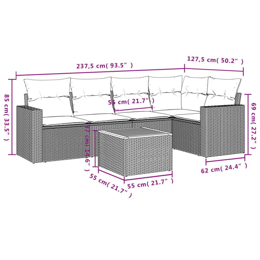 Garden furniture set 6 pcs and gray synthetic rattan cushions