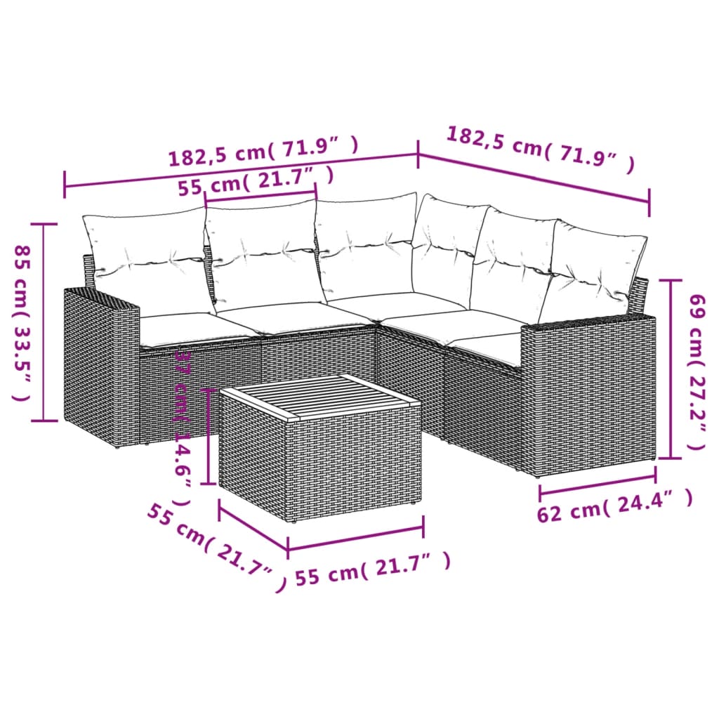 Garden Sofas Set 6 pieces and black synthetic rattan cushions