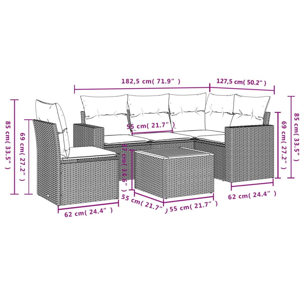 Garden furniture set 6 pcs and gray synthetic rattan cushions