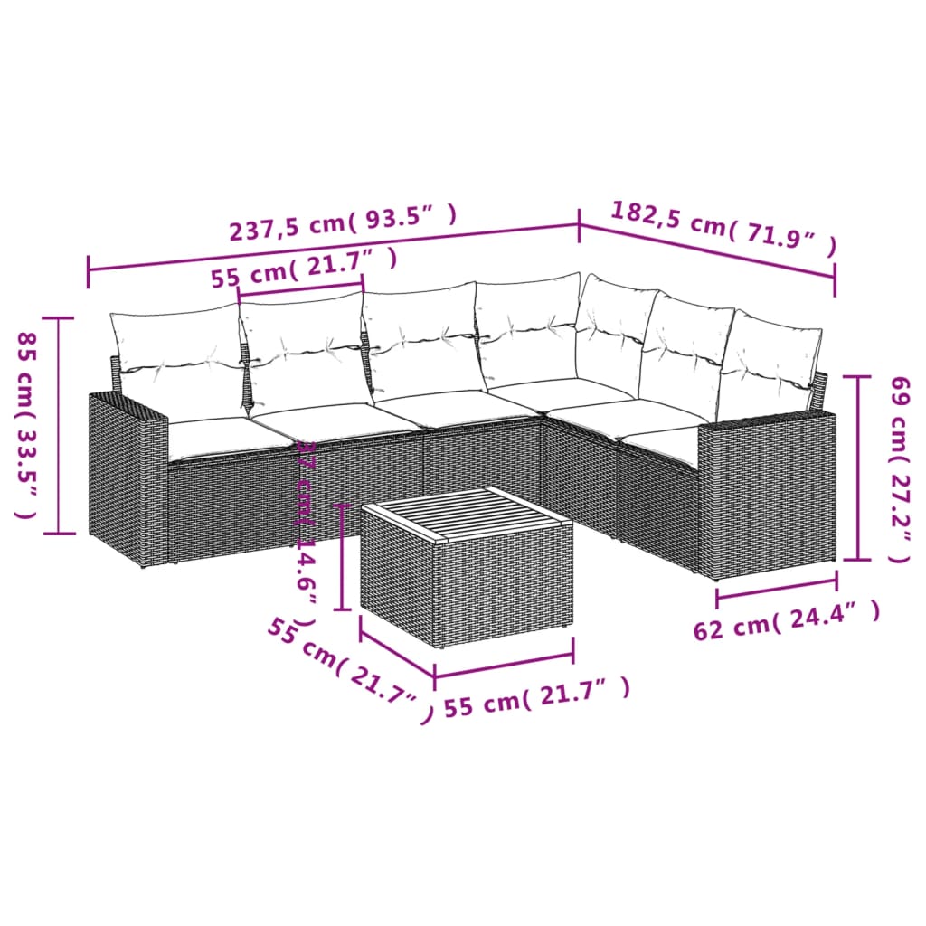 Conjunto de jantares de jardim 7 PCs e almofadas de vime sintético preto