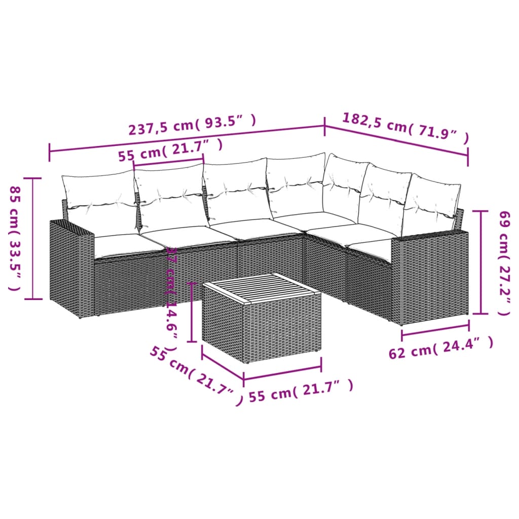 Gartensofas Set 7 Stücke mit grauen Rattankissen