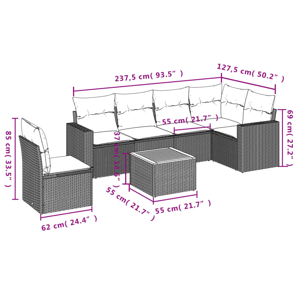 Garten -Ess -Set 7 PCs und schwarze synthetische Rattan -Kissen