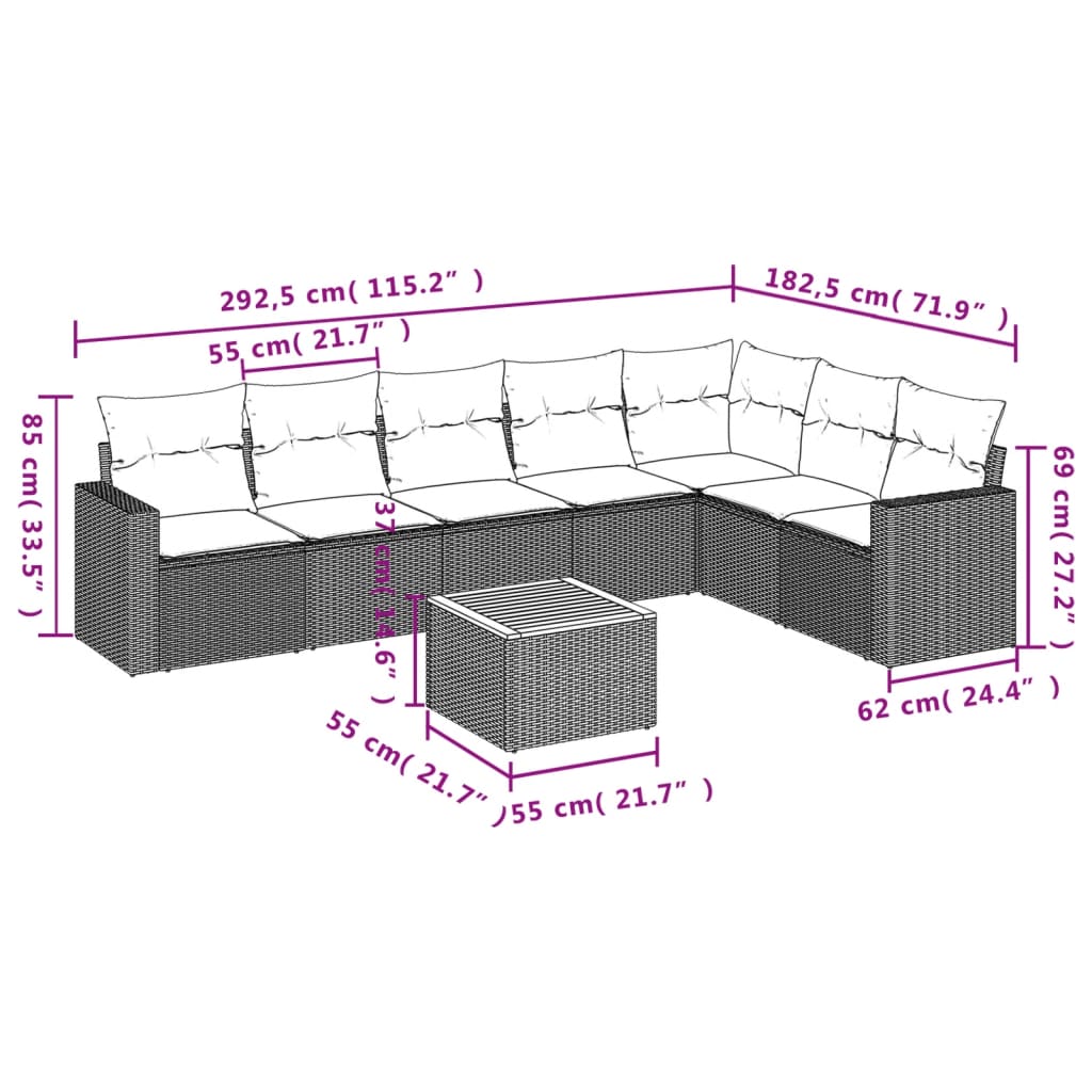 Set de sofás de jardín 8 pzas y cojines ratán sintético gris