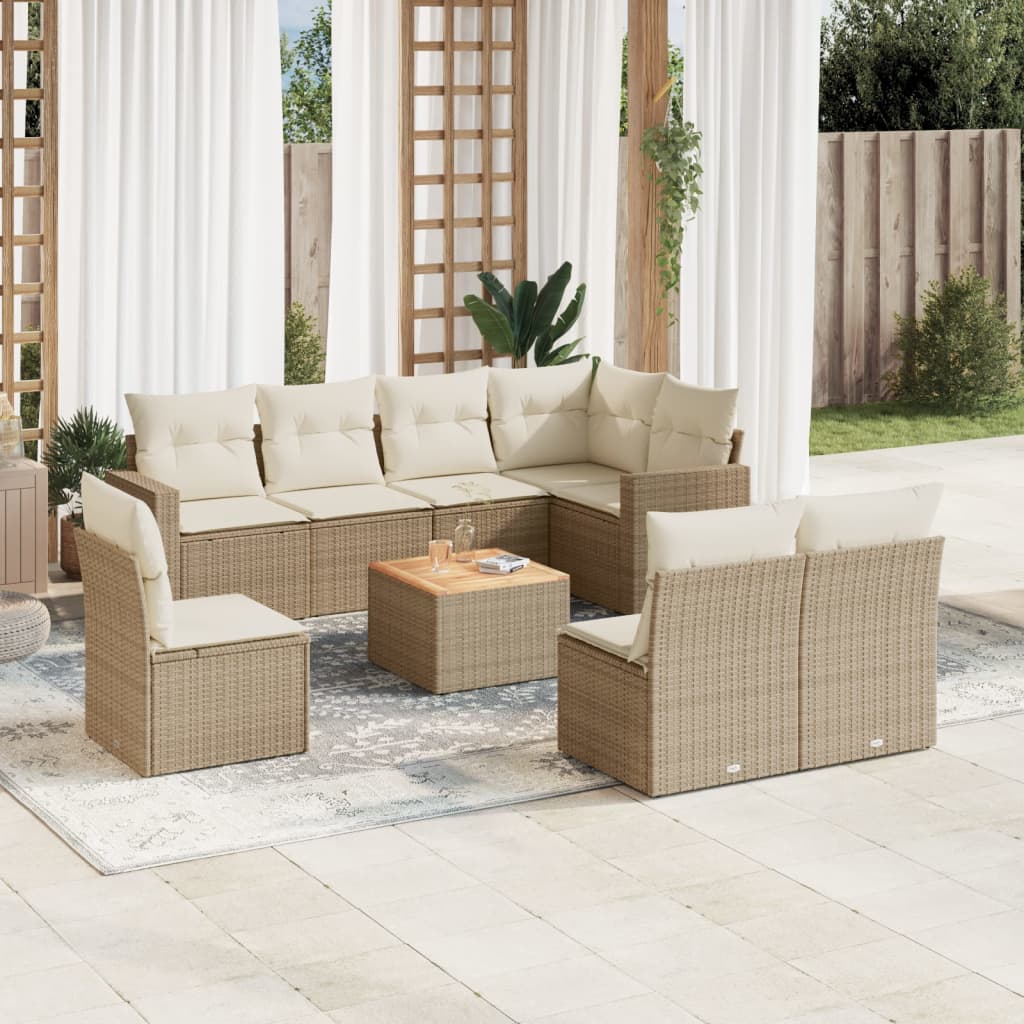 Vetonek Set de sofás de jardín 9 pzas con cojines ratán sintético beige