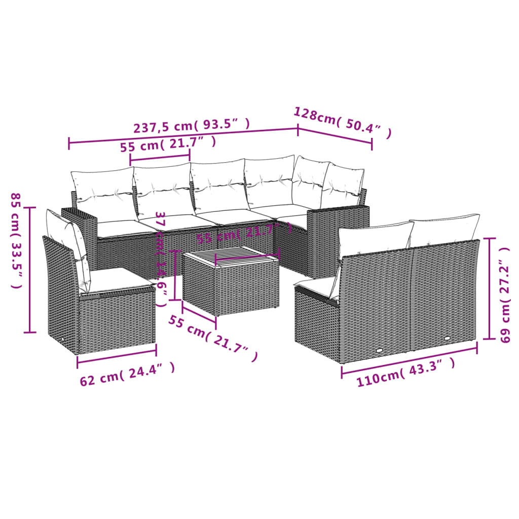 Gartensofas Set 9 PCs mit beige synthetischen Kissen