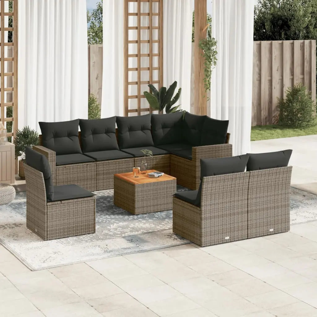 Vetonek Set de muebles de jardín 9 pzas y cojines ratán sintético gris