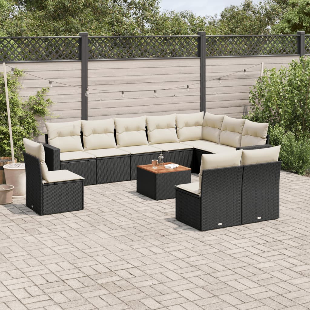 Gartensofas Set 11 PCs und schwarze synthetische Ratan -Kissen