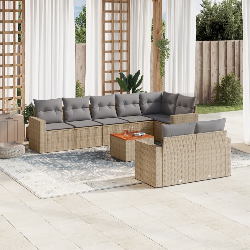 Vetonek Set de sofás de jardín 9 pzas con cojines ratán sintético beige