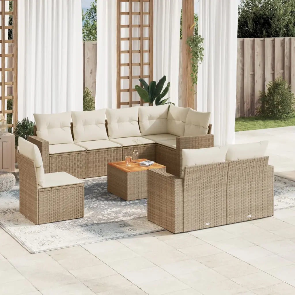 Vetonek Set de sofás de jardín 9 pzas con cojines ratán sintético beige