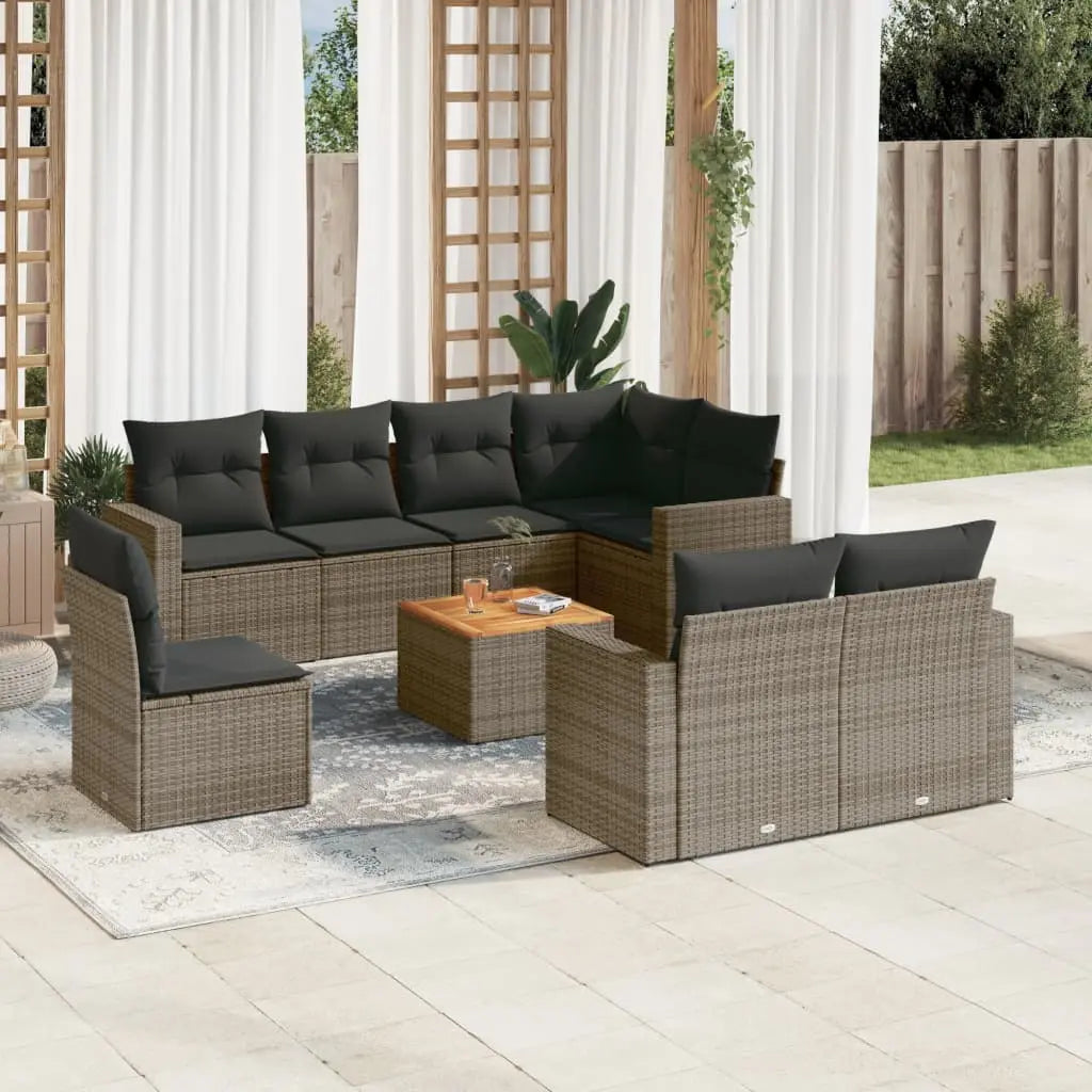 Vetonek Set de muebles de jardín 9 pzas y cojines ratán sintético gris