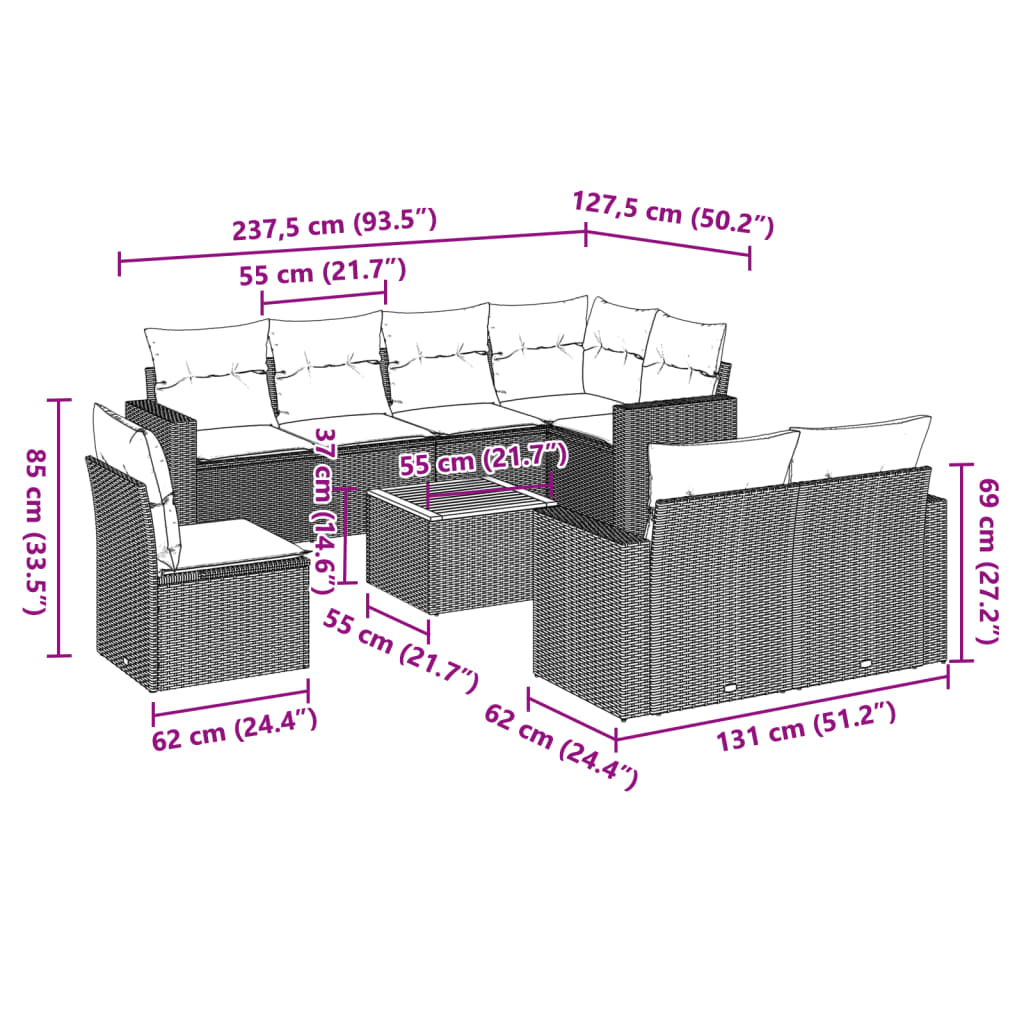 Set de muebles de jardín 9 pzas y cojines ratán sintético gris