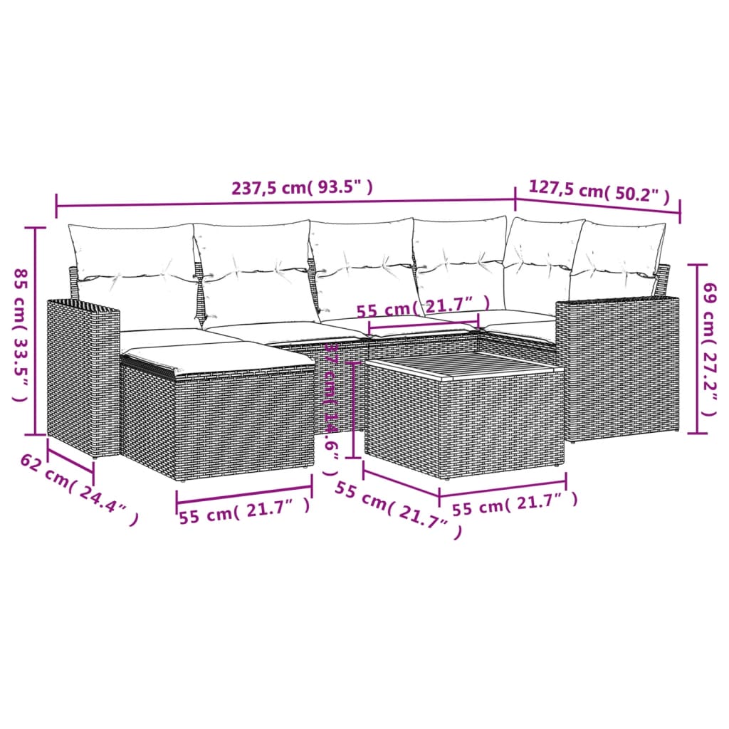 Garten -Ess -Set 7 PCs und schwarze synthetische Rattan -Kissen