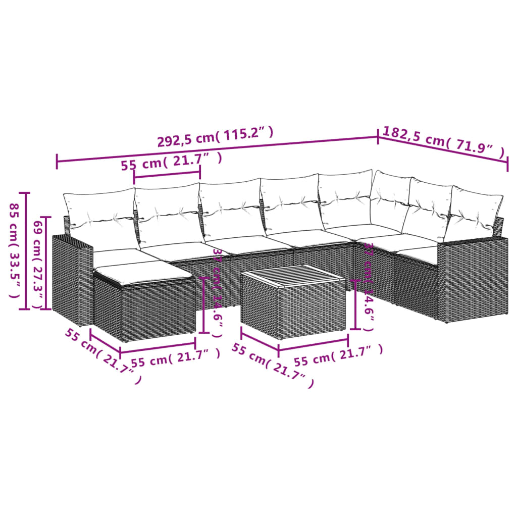 Gartensofas Set 8 Stücke und schwarze synthetische Rattankissen