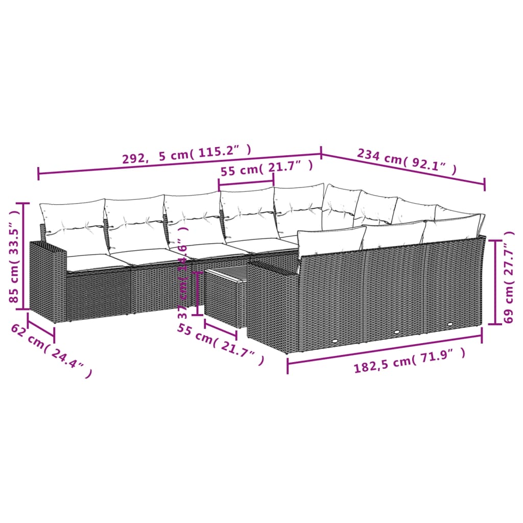 Garden sofas set 11 pcs and gray synthetic rattan cushions