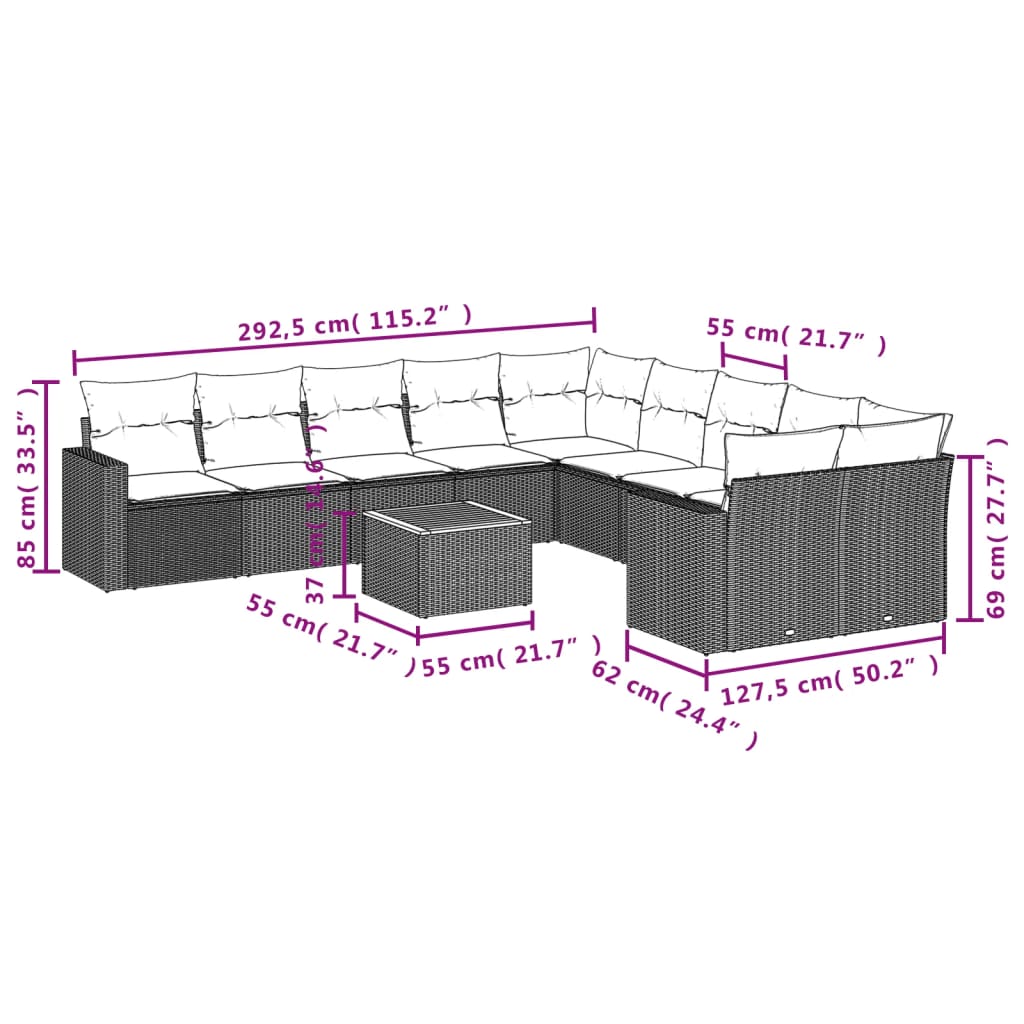 Set de sofás de jardín 11pzas con cojines ratán sintético beige