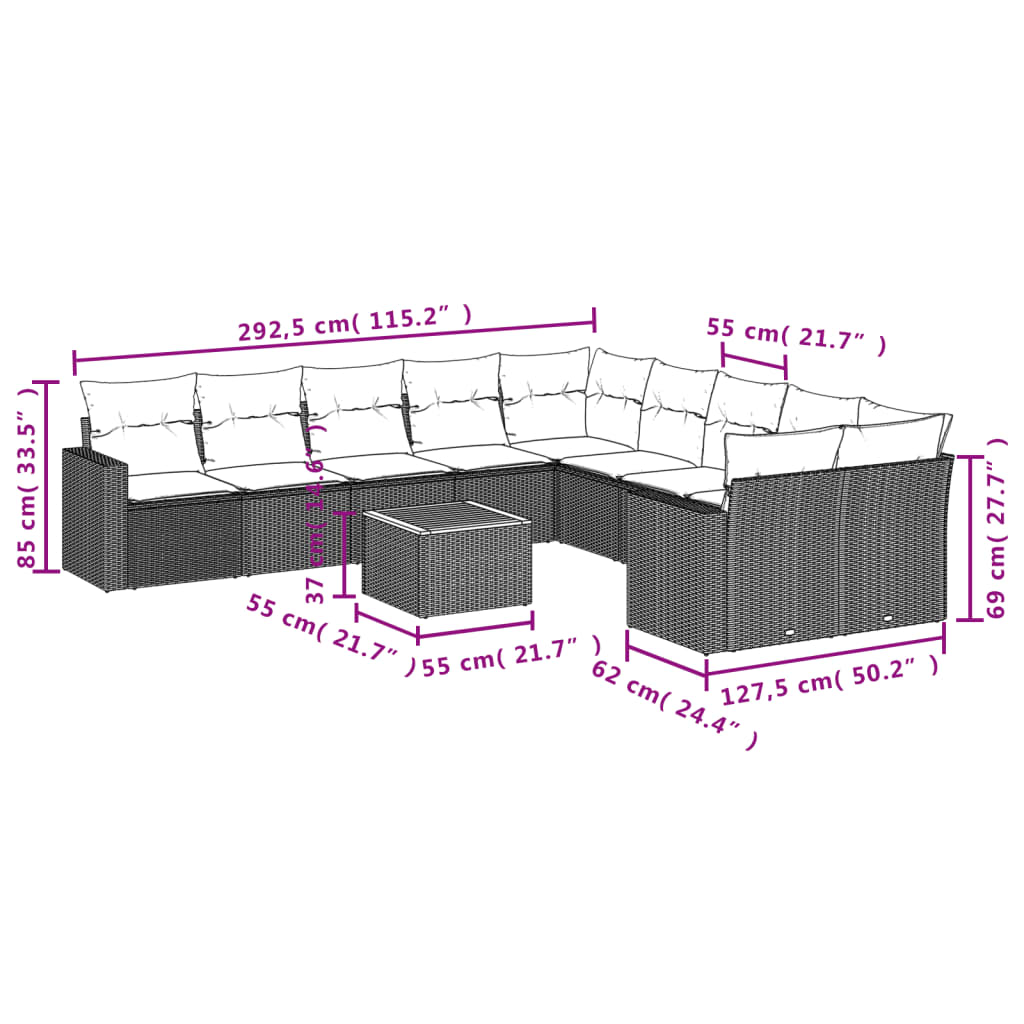 Sofás de jardim Conjunto de 11 PCs e Almofadas Cinzentas de Rattan Sintética