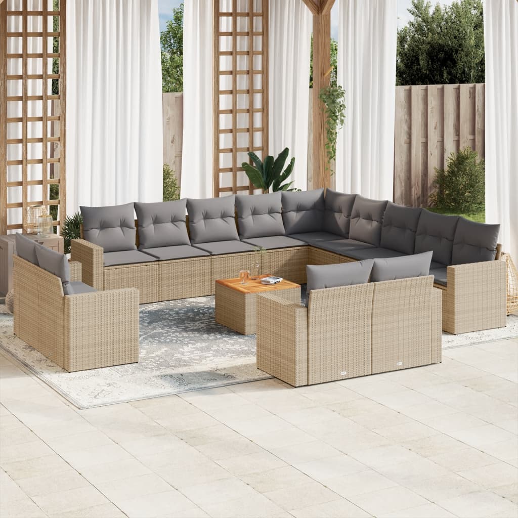 Vetonek Set sofás de jardín 14 pzas con cojines ratán sintético beige