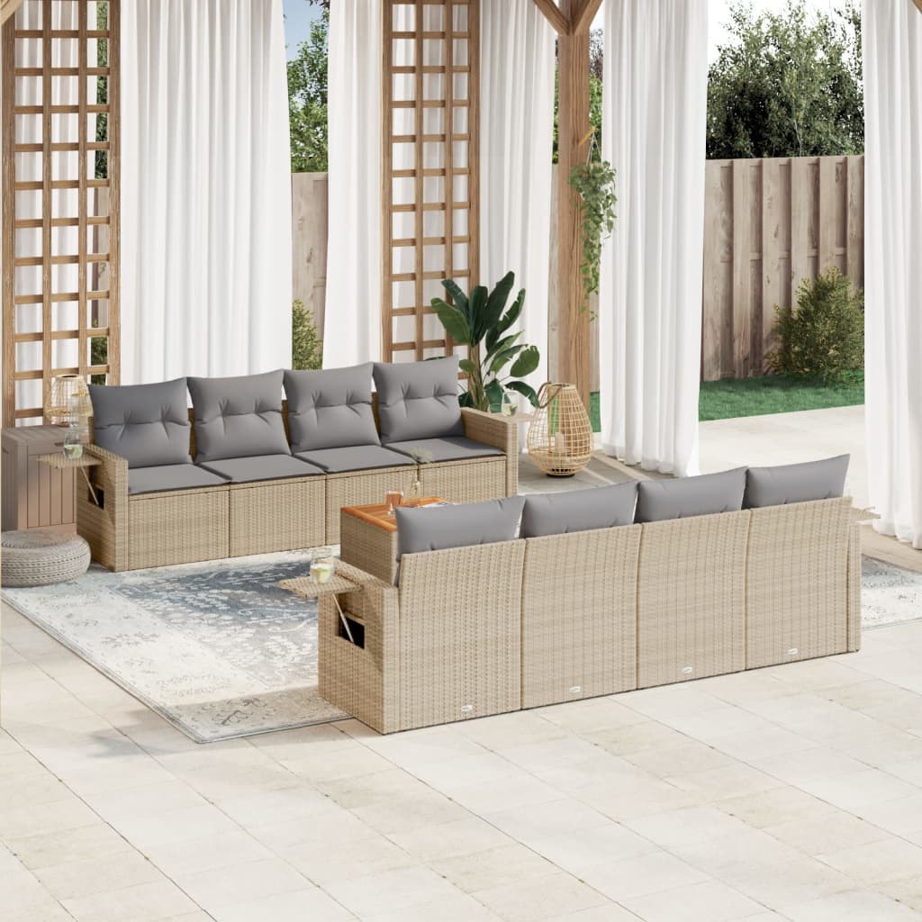 Vetonek Set de sofás de jardín 9 pzas con cojines ratán sintético beige