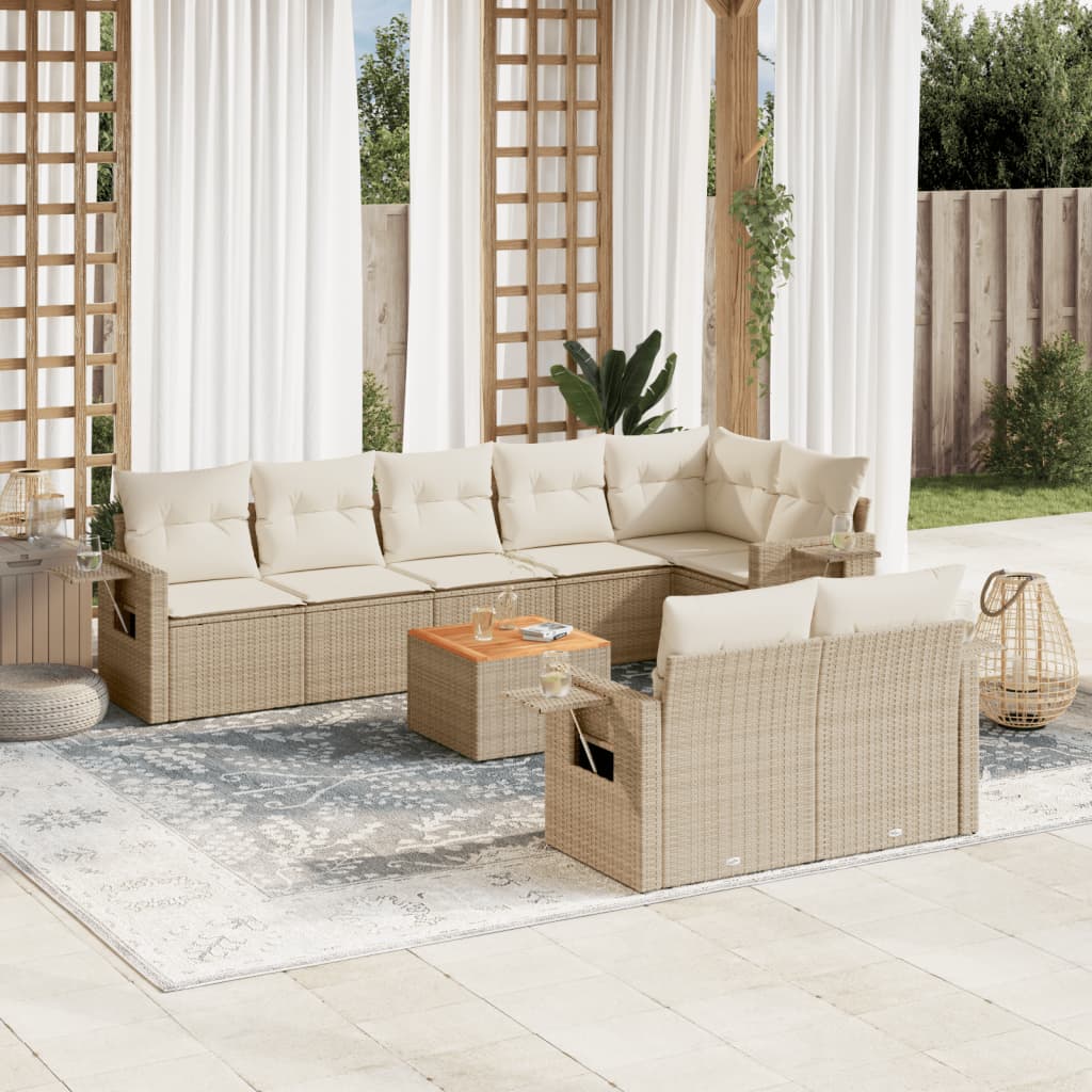 Vetonek Set de sofás de jardín 9 pzas con cojines ratán sintético beige